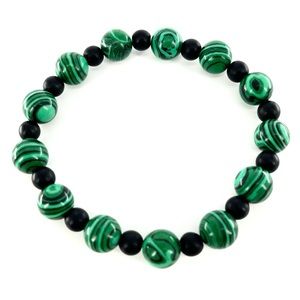 Malachite Crystal & Black Beaded Bracelet Adjustable Elastic Spiritual Stones